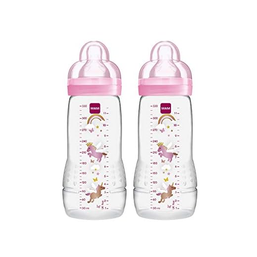 MAM Easy Active drickflaska i set om 2 (330 ml), babydrickflaska inklusive MAM napp storlek 2 tillverkad av SkinSoft silikon, mjölkflaska med ergonomisk form, 4 månader, rosa