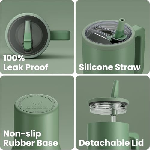 Image of House of Quirk 1200ML Tumbler with Handle & Simple Flip Straw - Car Cup Holder Friendly, Leak Resistant Stainless Steel Water Bottle with Rubber Base (Avocado)