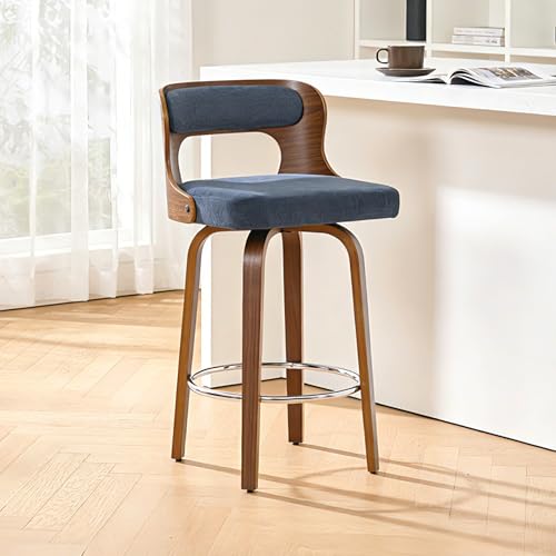 Image of Swivel Bar Stools Set of 2, 26 inch Counter Height Bar Stools, Mid-Century Modern PU Leather Modern Island Chairs with Back and Footrest, for Kitchen, Bar, Restaurant, Cafe, Blue-Gray
