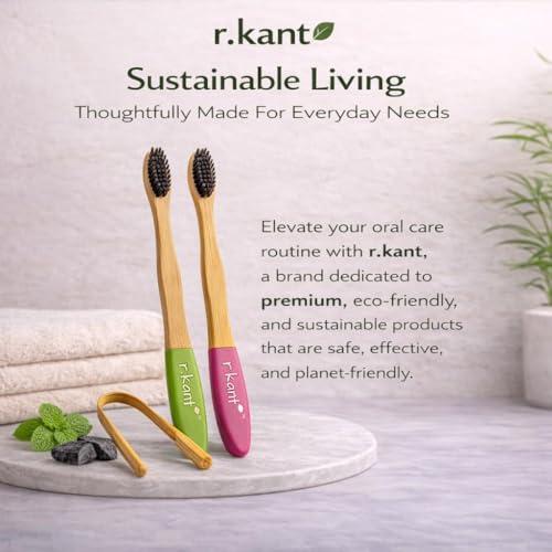 Image of R.Kant Pack of 2 Bamboo Toothbrush Combo for Adults | Green & Pink | Charcoal Infused Soft Bristles | Eco-Friendly Handle | Includes 2 Toothbrushes & 1 Bamboo Tongue Cleaner