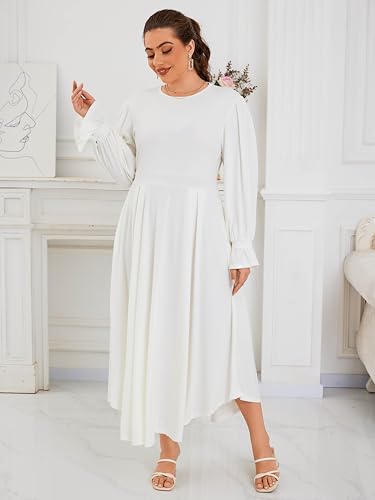 Image of Baczoe Plus Size Long Sleeve Church Dress for Curvy Women | Maxi Length, Elegant Formal Style, Flowy A-Line Shape, Two Side Pockets