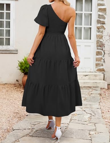 ZESICA Women's Boho Summer One Shoulder Short Sleeve Smocked Side Split Ruffle Swing Midi Dress4