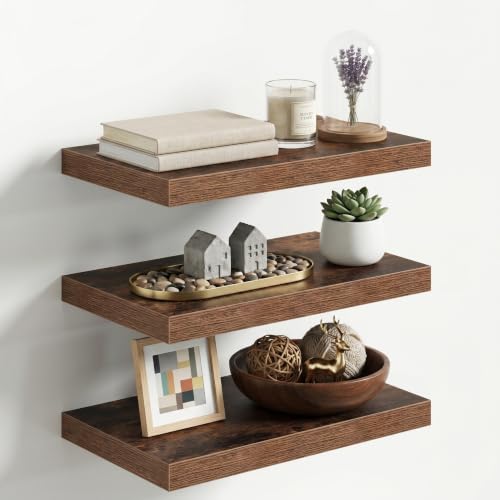 Image of Fun Memories 20 x 12 Inch Deep Floating Shelves, 12 Inch Deep Rustic Wooden Wall Shelves, Extra Deep & Heavy Duty Hanging Shelves for Living Room,Bedroom, Bathroom, Set of 3 (Brown)