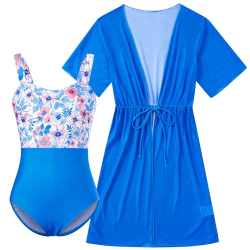 Image of Funnycokid Girls Bathing Suits One Piece Swimsuit with Cover Up Kids Swim Suit Size 8-16