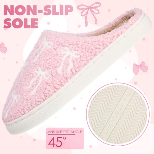 Pink Bow Slippers for Women Cute Coquette Bow Slippers Plush Fluffy Warm Fur Lined House Winter Home Shoes Women Indoor Outdoor2