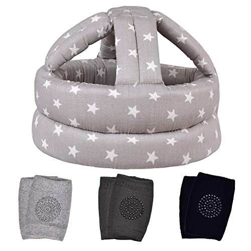 Protector de cabeza de bebé y rodilleras de bebé para gatear, casco de seguridad infantil y casco de bebé para caminar, para edades de 6 a 36 meses, estrella gris (1+3)