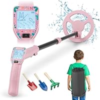 Costzon Metal Detector for Kids, 24.5\"-33.5\" Adjustable Junior Gold Detector w/LCD Display & IP68 6.5\" Waterproof Search Coil, Lightweight Kids Metal Detector for Boy Girl Exploration Hiking (Pink)