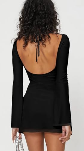 GOBLES Women's Sexy Long Flare Sleeve Boat Neck A-line Mini Cocktail Party Dress3