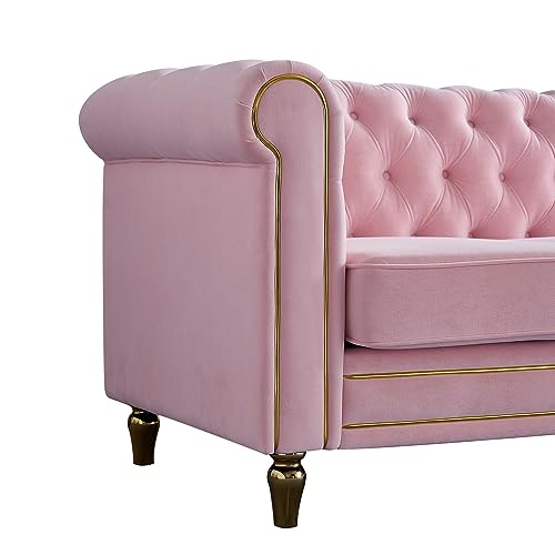 Image of KEIKI 85 inch Chesterfield Velvet Tufted Button Sofa with Deep Seat Cushions and Rolled Arms, Modern Style 3-Seater Couch Decorated with Gold Strip, Easy Assembly, for Living Room, Bedroom, Office, Pink