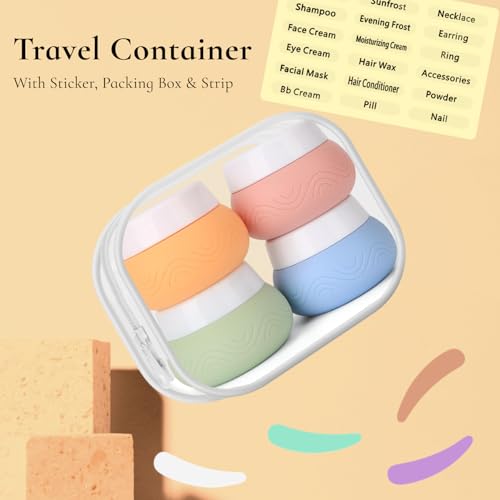 Image of Lyrovo 30ml Silicone Travel Containers for Toiletries, Set of 4 - BPA-Free Leakproof Refillable Cosmetic Jars with Clear Bag, Name Stickers, and Scoops for Face, Hand & Body Creams (Pastel)