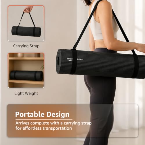 Image of Amazon Basics NBR Yoga & Exercise Mat Kit with Belt, Blocks & Towels | 13 mm Extra Thick Cushioned Support | Non-Slip Textured Surface | Ideal for Fitness & Home Workouts | 180 x 61 cm | Black