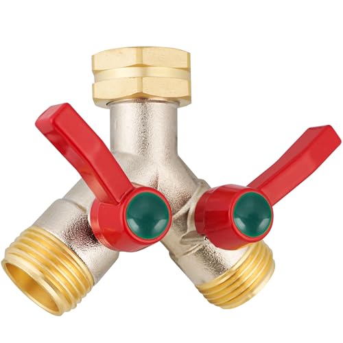 DINGBAI Garden Hose Splitter High Flow, 3/4”GHT Inlet Brass Heavy Duty Full Flow Hose Splitter 2-Way, Hose Y-Valve Faucet Splitter, Runner and Large Outlet with Extended Handle.