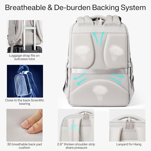 Hanke Expandable Travel Backpack 17 Inch, Full-Open Laptop Backpack Fits 15.6 Inch, Carry On Personal Item Bag with Luggage Strap, Business Work Backpack for Women Men, Greyish White3