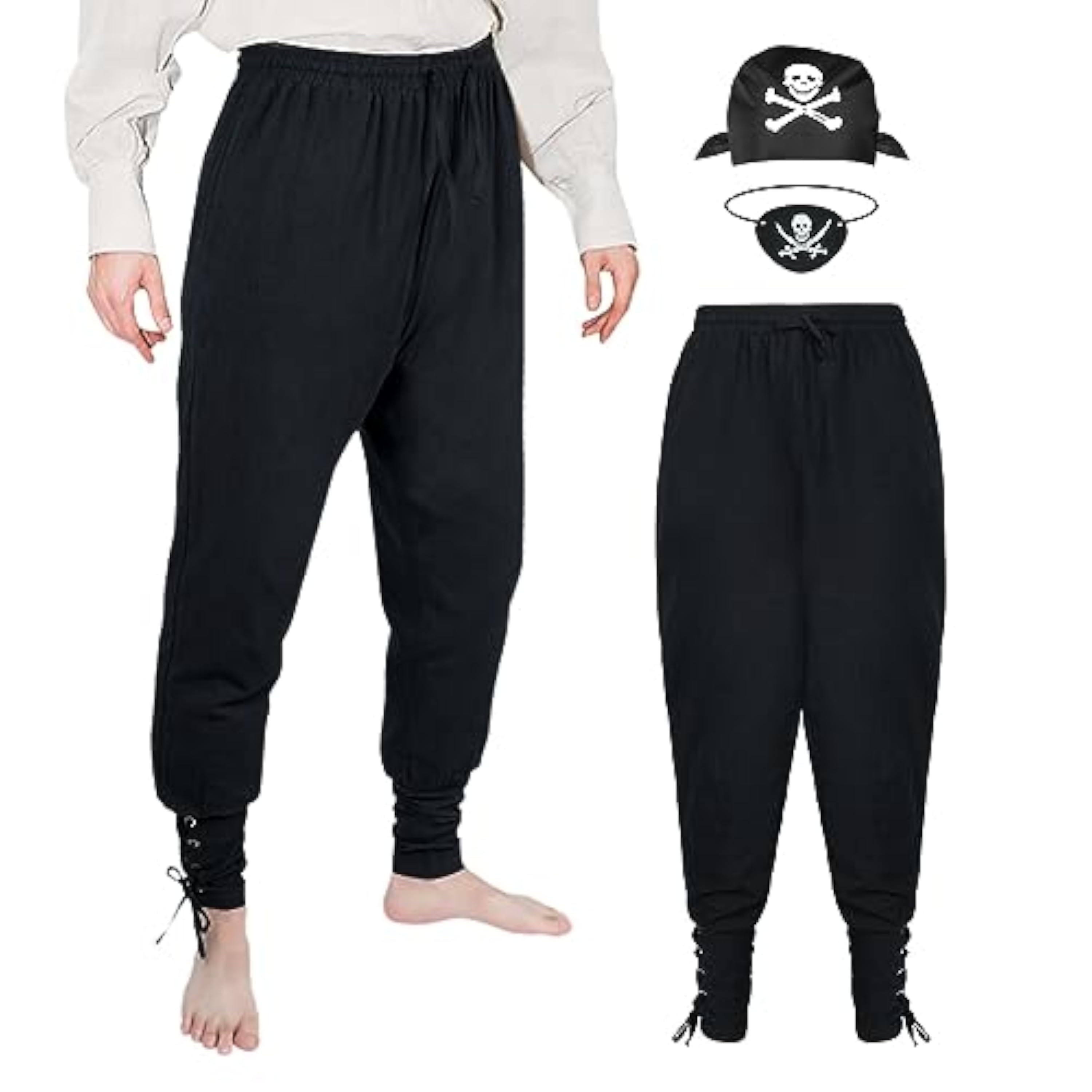 Aomig Pantalones Piratas Vikingo, 3pcs Disfraz Pirata con Pantalón Medieval, Pañuelo y Parche, Estilo Vintage para Halloween y Cosplay