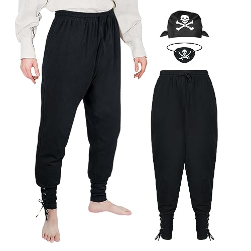Aomig Homme Pantalon de la Renaissance médiévale à Taille élastiquée, Costume de Cosplay Pantalon Pantalon de Loisirs avec Bandeaux et Bandanas Pirates...