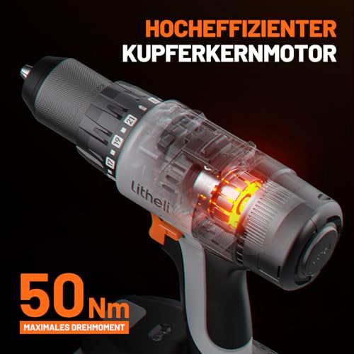 Litheli 20V Akku Bohrschrauber Set mit 2.0 Ah Akku, 64-teiliges Bohrer-Set，21+1 Akkubohrer 50Nm Drehmoment Max,2-Gang, LED-Licht für Reparatur & DIY 2