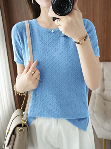 Image of Womens Short Sleeve Sweaters Tops Summer Thin Pullover Cotton Knit Shirt Crew Neck Lightweight Pointelle Blouse