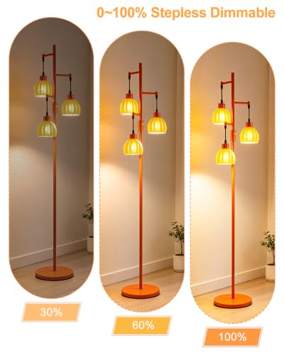 Image of Lightdot 65'' Glass Floor Lamp Dimmable Orange with Lotus Glass Shade & 3000K Bulbs Included 3-Lights Modern Tall Standing Lamp with 5Lbs Heavy Base for Living Room /Bedroom /Sofa /Corner Decor