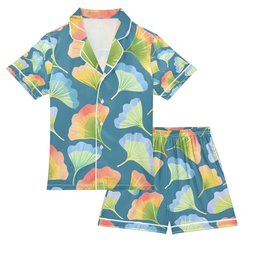 senya Ginkgo Biloba Leaves Colorful Satin Summer Pajama Sets Silk Short Sleeve Button Down Sleepwear