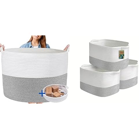 WASHABLE Woven ShapeHold Basket Set - XXXL 22"x14" Blanket Basket + 3 Pack Medium Baskets for Organizing + Small Cotton Basket Grey and White Bundle Cover