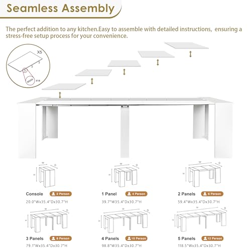 Image of Extendable Dining Table, Transformer Console to Dining Table for 12 People, Folding Space Saving Dining Room Table for Small Spaces, White