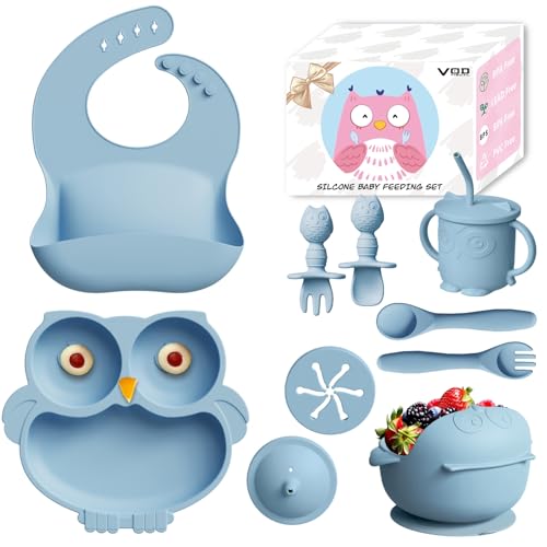 Image of 13Pcs Silicone Baby Feeding Set - Baby Spoon, Baby Bowls, Baby Plates with Suction, Baby Bib, Toddler Cups with Replaceable Lids (Blue)