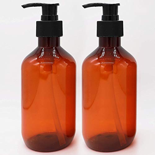 YanHuang 10 oz 300 ml Amber Plastic Pump bottles with lock pump. Refillable Plastic Bottles for Lotion,Shampoo,Conditioner & Wash Shower Dispenser Pump Bottle- Set of 2