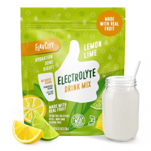 FlavCity Lemon Lime Electrolytes Powder Packets - 28 Hydration Packets - No Added Sugar - Hydration Powder with Real Fruit & Unrefined Sea Salt - Keto & Gluten-Free (28 Stick Packs)