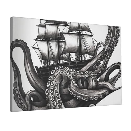 Impression sur toile pieuvre tableau noir et blanc décoration murale bureau salon