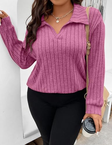 Image of Koscacy Women Plus Size Casual Knit Sweater Lapel V Neck Solid Color Tops Lightweight Long Sleeve Blouses