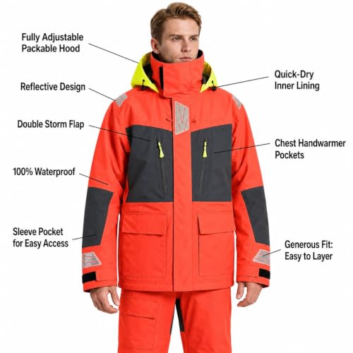 Image of Men's PRO Offshore Sailing Suit, Waterproof Jacket & Bib Pants | 3-Layer Fabric, Hi-Vis Hood, Reinforced Hips And Knees, Adjustable Suspenders, Reflective Safety Details