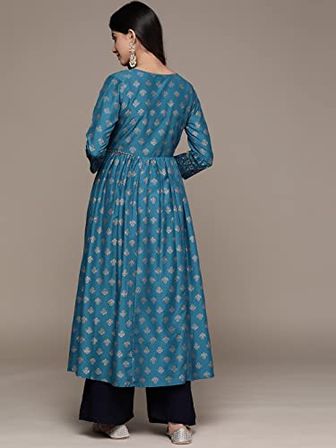 Image of ishin Women's Silk Teal Embellished Foil Print A-Line Flared Kurta