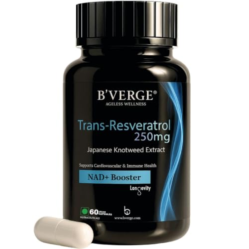 Image of B'VERGE Pure Trans-Resveratrol Supplement | 99.5% Pure NAD+ Booster | Supports Metabolism, Heart Health & Inflammation Relief - 250mg, 60 Capsules