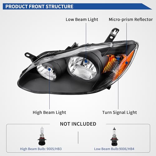 Image of oEdRo Headlight Assembly Compatible with 2003 2004 2005 2006 2007 2008 Corolla Headlamp with Amber Reflector Clear Lens Black Housing