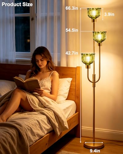 Image of Lightdot 3-Lights Modern Glass Floor Lamp 66IN Gold Dimmable Floor Lamps with 3000K Warm White Bulbs for Wedding Party Tall Standing Lamp with Green Glass Shade for Living Room /Bedroom /Home Decor