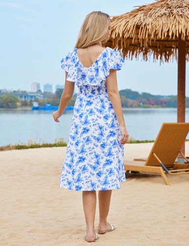 Image of Bridesmay Womens Summer Floral Midi Dresses Ruffle Sleeve Beach Wedding Guest Dress V Neck Swing Flowy Dresses