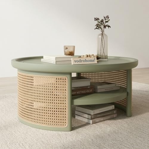 Image of Rattan Coffee Table - Cane Center Table with Shelf for Storage - Bohemian Solid Mango Wood Coffee Table for Office and Living Room C#042 (Sage Green)