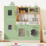 Babytronic Wooden Kitchen Playset for Kids, Interactive Play Kitchen with Lights & Sounds, Children Pretend Toy Kitchen Set with Faucet, Oven, Microwave, Kitchenware for Toddlers Ages 3+ (Green&Wood)