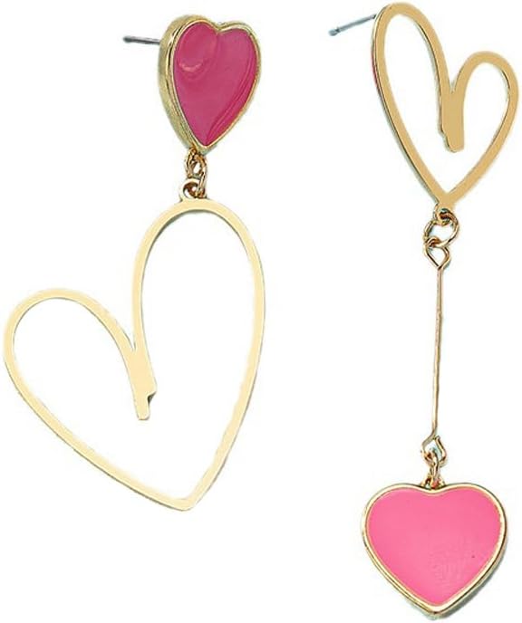 COLORFUL BLING Hot Pink Heart Drop Earrings Long Cute Glitter Acrylic Love Heart Shaped Statement Earrings Valentine’s Day Gifts for Women