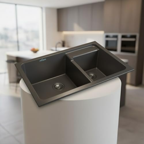 Image of ARQUIN Double Bowl Quartz Kitchen Sink 31x18x9 Inch Grey | Durable & Scratch-Resistant Sink | Undermount,Topmount | Including Coupling,Sink Connector,Waste Pipe & Fruit Washing Basket