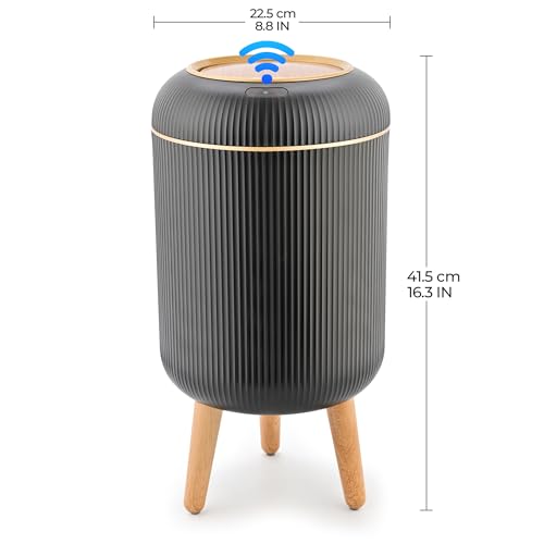 Image of Pukomc Motion Sensor Trash Can, 2.6 Gallon Automatic Trash Can with Lid, Fluted Bathroom Trash Can with Wood Legs, Decorative Round Wastebasket for Bedroom and Office