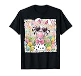 Chien dalmatien de Pâques super mignon soufflant une bulle de chewing-gum avec des œufs de Pâques préparés, un nœud rose coquette et des fleurs printanières Parfait pour tout chien, maman, papa ou sœur ou frère de chien à porter cette fête de Pâques pour la chasse aux œufs ou pour célébrer le printemps avec votre chiot