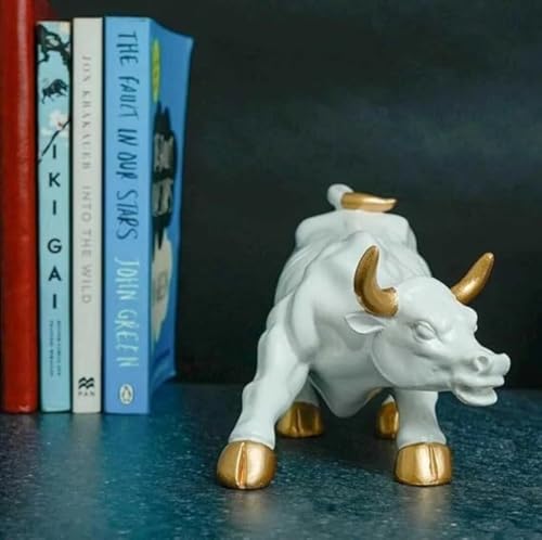 Image of UAG Exports White & Golden Gloss Geometric Charging Bull Idol | Polyresin Bull Statue for Stock Market Success, Office Desk Decor, Trading Room Showpiece Gifting (9 Inch)