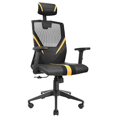 Mars Gaming MGC-ERGO Jaune, Chaise Gaming Ergonomique, Filet Respirant, Support Cervical + Lombaire + Accoudoirs Réglables