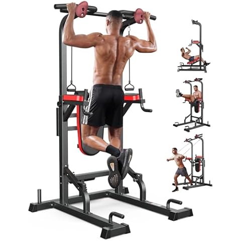 Pooboo Power Tower Dip Station Pull Up Bar for Fitness Home Gym Workout,Multi-Function Adjustable Height Fitness Strength Training Exercise Equipment Cover