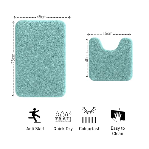 Image of LUXE HOME INTERNATIONAL Polyester Contour Bath Mat - Washable, Anti Skid, Water Absorbent Contour Mats for Bathroom, Toilet, Wash Basin & Bathroom Contour Mat Set (Aqua, 45x 75 cm & 40x45)