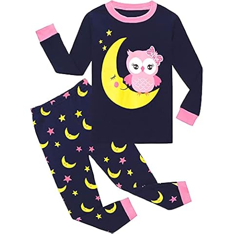 Girls Pjs Owl Pyjamas Set 100% Cotton Moon Sleepwear Toddler Kids Clothes Long Sleeve T-shirt and Pants Autumn & Winter Children Nightwear 2 Pieces Outfits Age 6-7 Years Cover