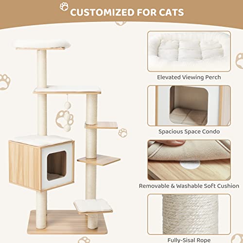 Arlopu 55” Tall Modern Cat Tree Tower For Indoor Cats, Wooden Cat Climbing Stand Furniture, 6 Level Platform Cat Activities Condo House W/Scratch Post, Washable Mats&Top Perch, For Kittens&Large Cats #TOP3