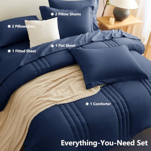 Image of CozyLux Super King Plus Comforter Set Navy Blue - 7 Pieces Bed in a Bag, Modern Vertical Quilted Room Decor, Soft All-Season Bedding Gift with Comforter, Sheets, Pillowcases & Shams