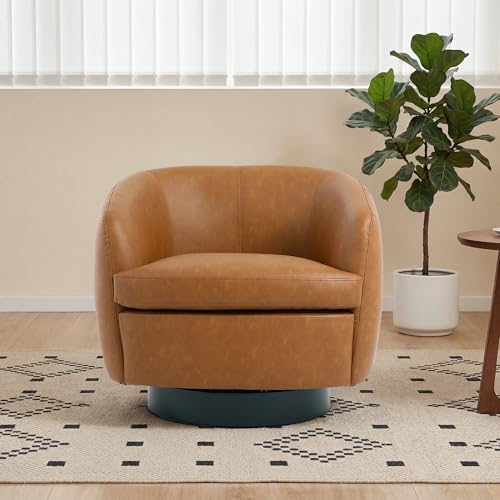 Sillón redondo giratorio de cuero sintético marrón claro miniatura 7